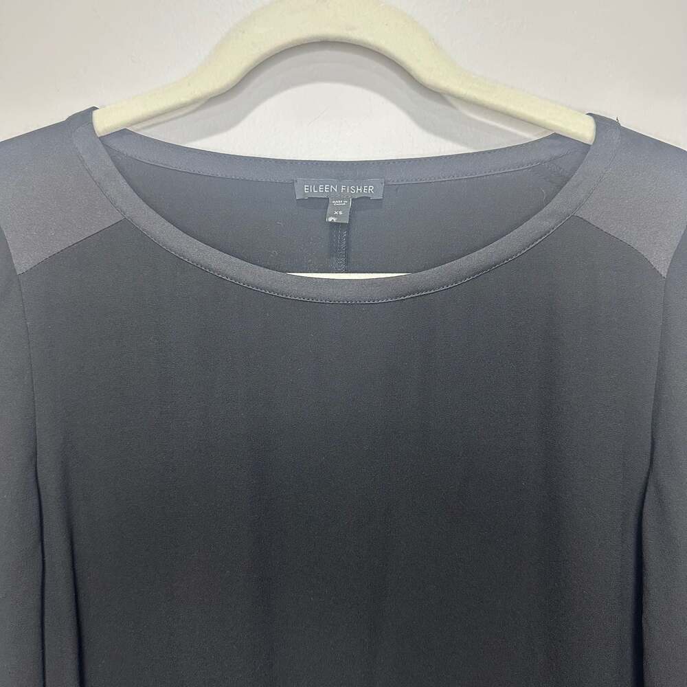 Eileen Fisher Silk Georgette Shift Dress with Satin Trim Black XS - Picture 2 of 6